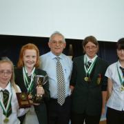 The Warwick School's winning team - Melissa Haworth, Katie Don, Samantha Heydon and Josie Rogers - with judge John Widdas