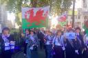 1950s born women protesting in Cardiff.