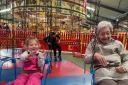 Phyllis and her three-year-old great-granddaughter rode the Chair-O-Plane at Folly Farm
