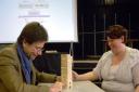 Teachers Andrew Simmons and Rea Pope join the Jenga competition