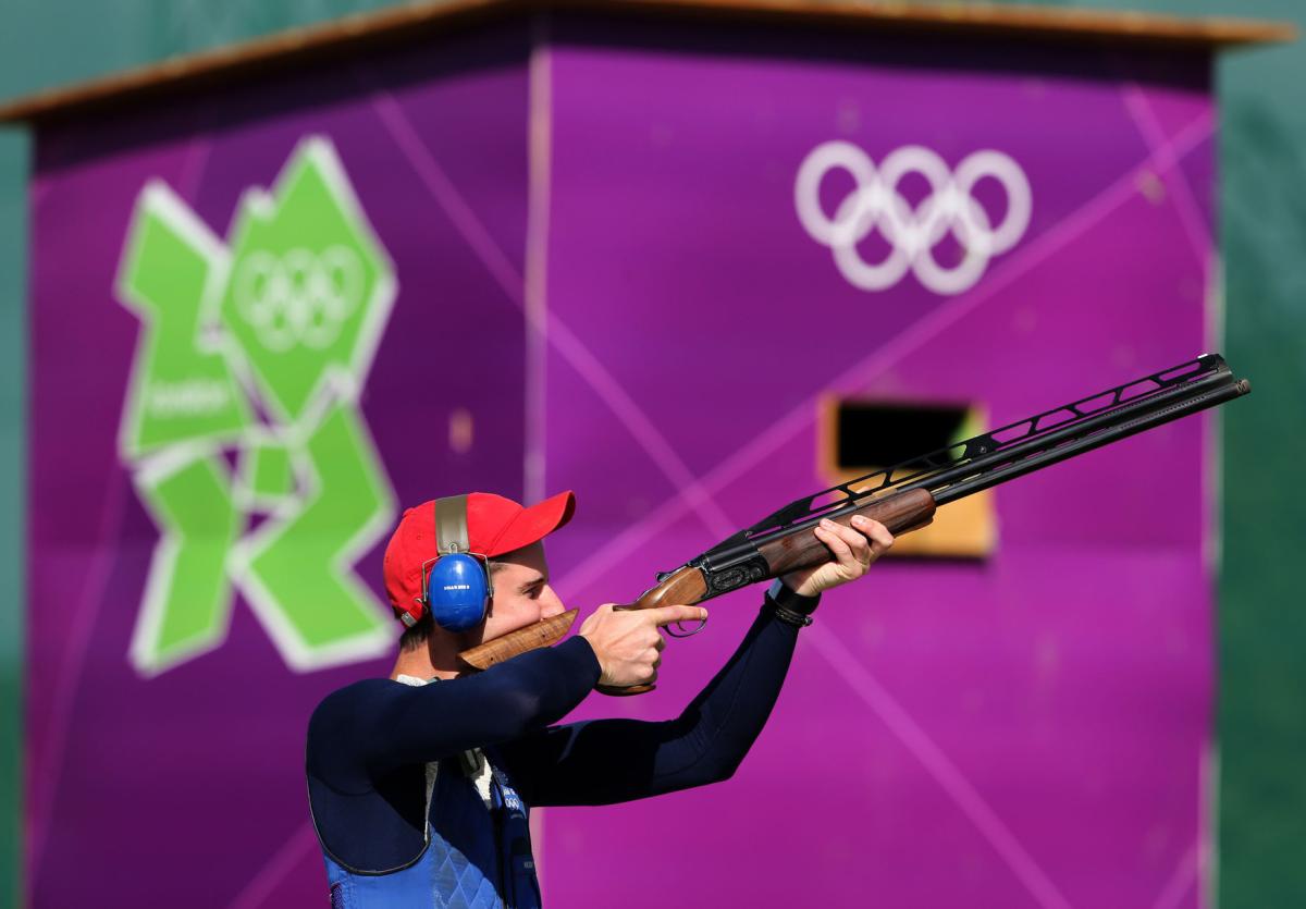 Team GB's Peter Robert Russell Wilson during his Double Trap Mens Qualification at the Royal Artillery Barracks on day 6 of the London 2012 Olympics. Pic: PA
