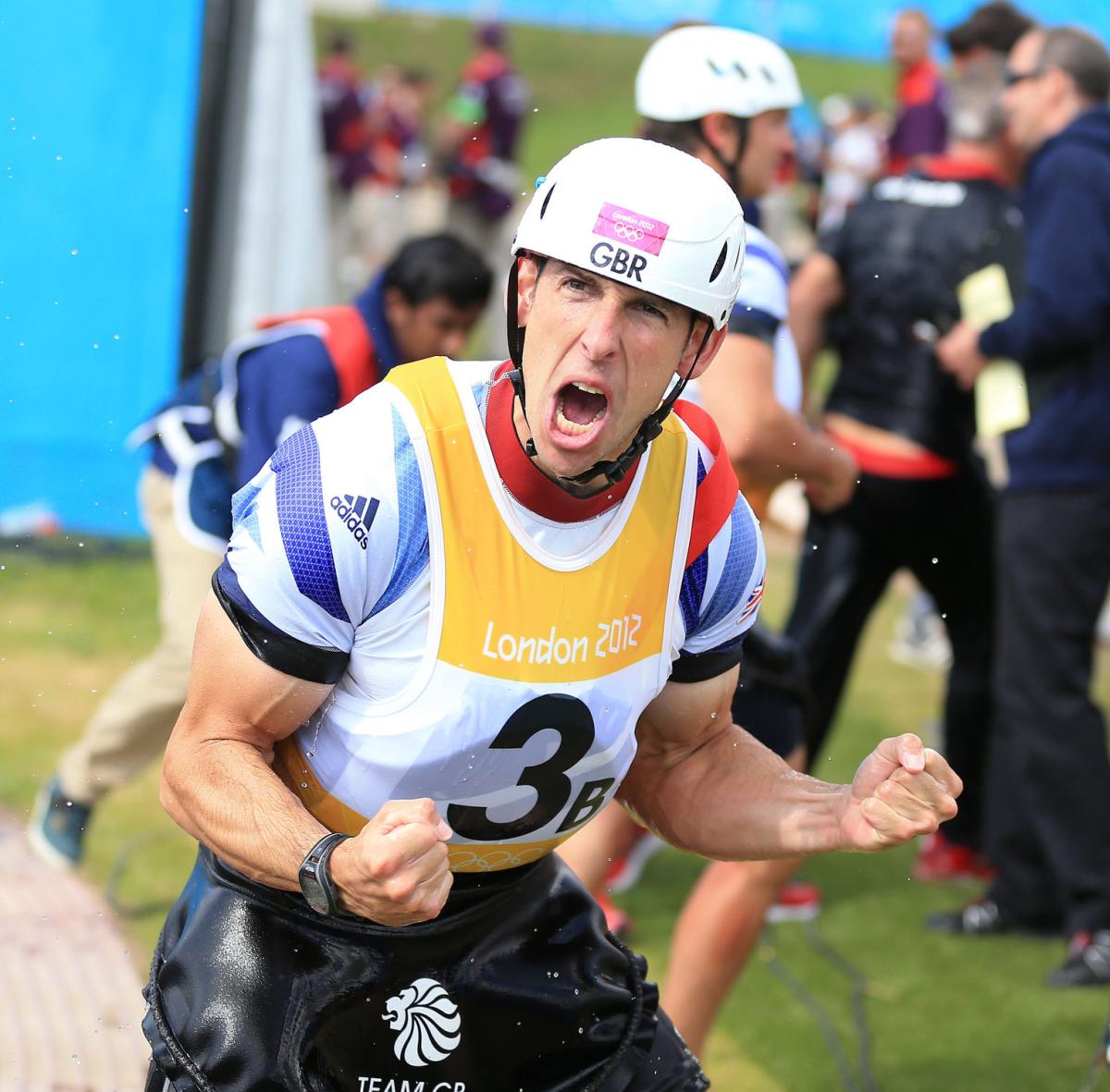 Elienne Stott celebrates a gold medal for Team GB in the Men's Canoe Double (C2) at Lee Valley White Water Centre, on the sixth day of the London 2012 Olympics. Pic: PA