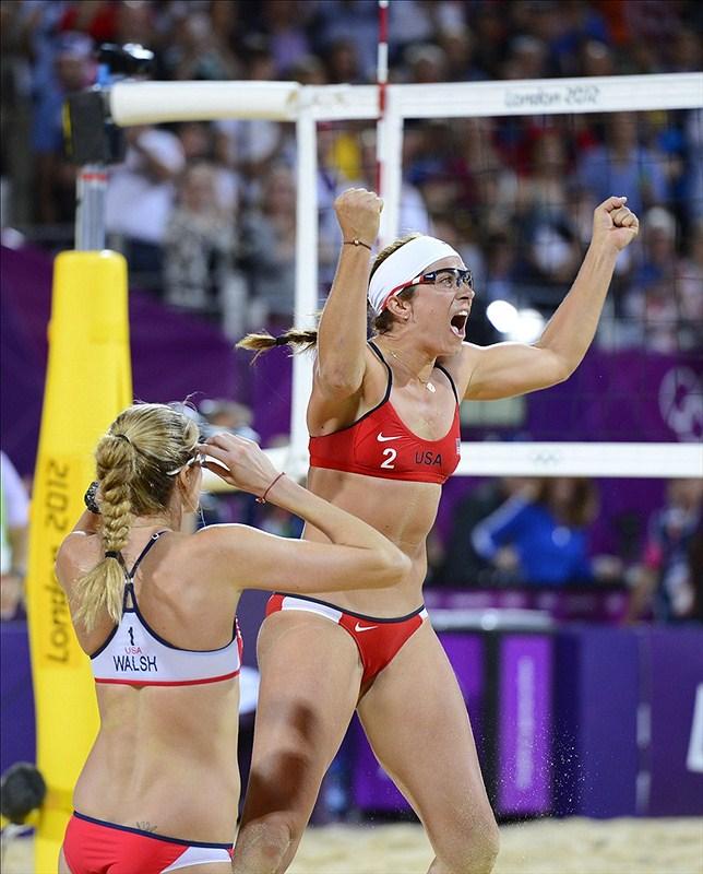USA's Misty May-Treanor (right) and Kerri Walsh (left) celebrate winning gold in the women's beach volleyball at Horse Guards Parade. Pic: Chris Hanewinckel-USA TODAY Sports